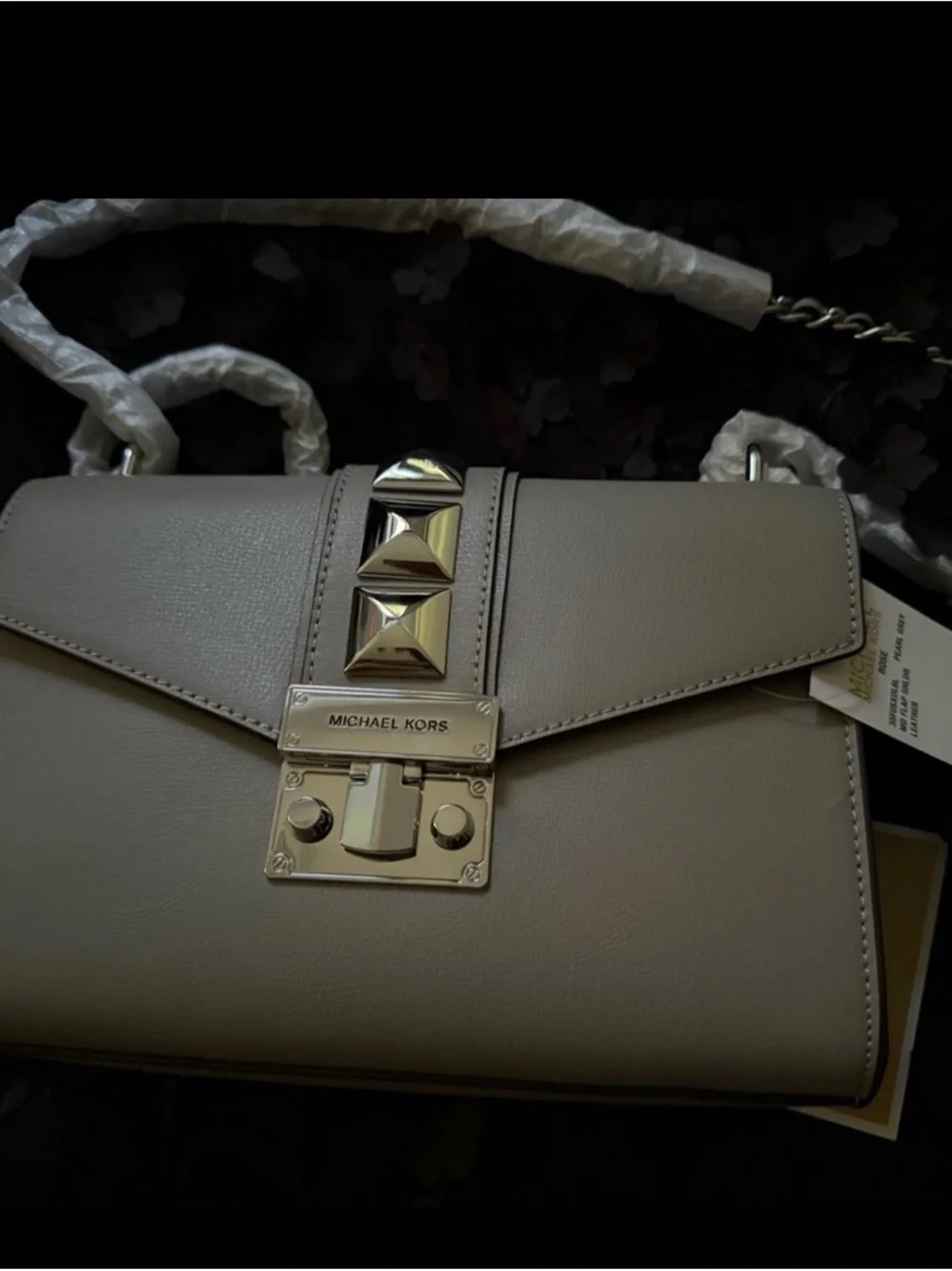 Michael Kors Pearl Gray Leather Shoulder Bag with Silver Pyramid Hardware